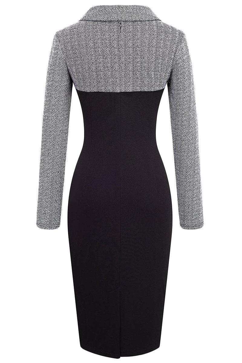 Gray Vintage Turn-Down Collar Pinup Button Midi Dress