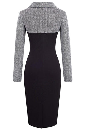 Gray Vintage Turn-Down Collar Pinup Button Midi Dress