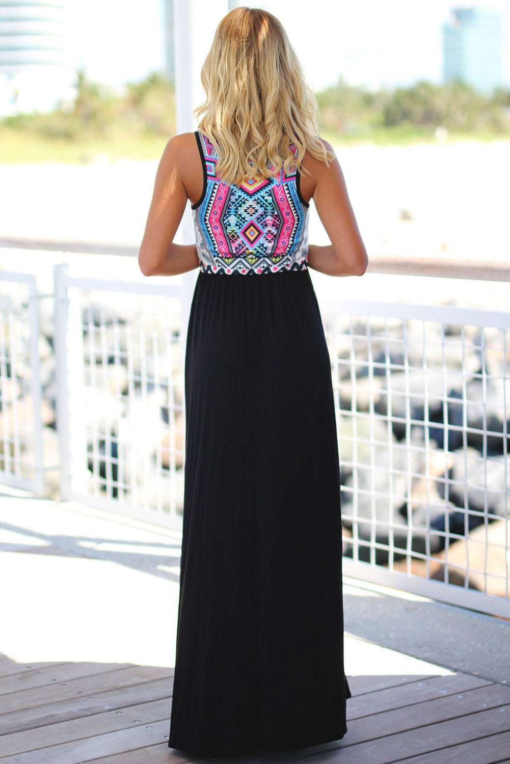 Stylish Tribal Print Sleeveless Black Maxi Dress