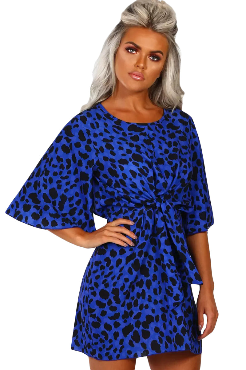 Blue Leopard Print Tie Waist Mini Dress