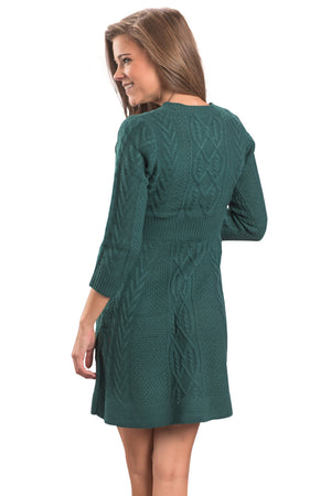 Green Cable Knit Fitted 3/4 Sleeve Sweater Dress