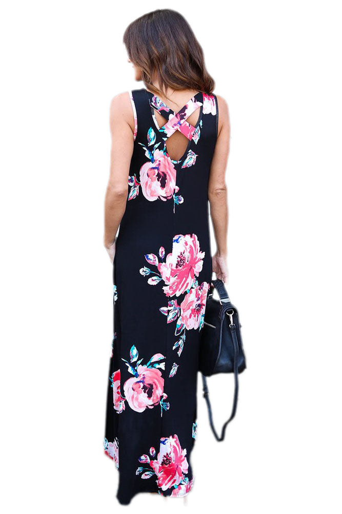 Black Floral Pocketed Holiday Maxi Boho Dress