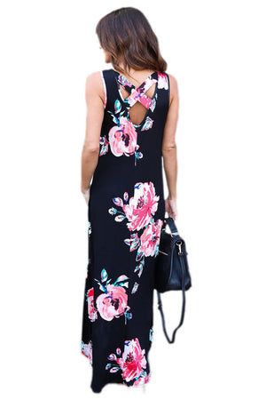 Black Floral Pocketed Holiday Maxi Boho Dress