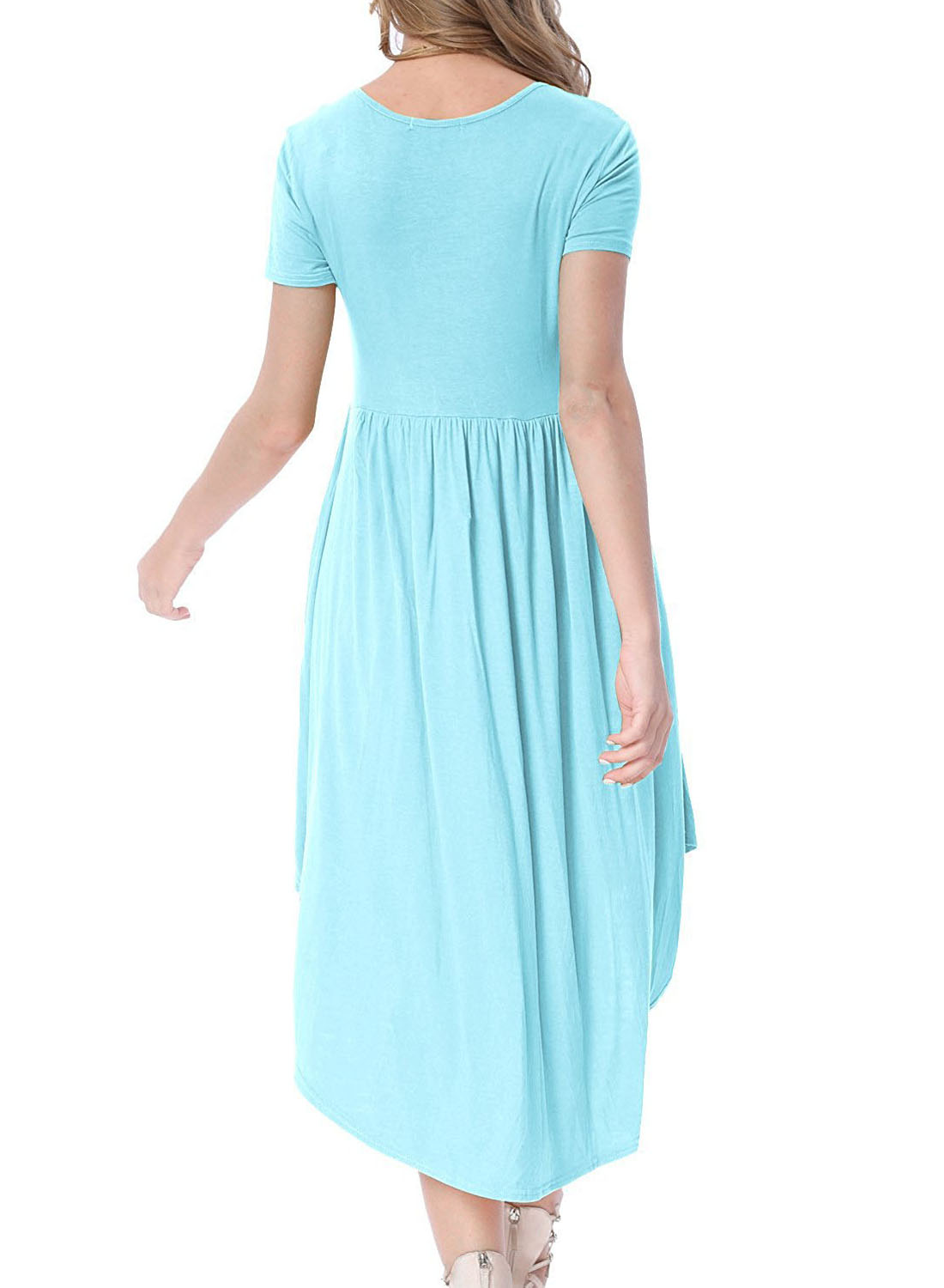 Light Blue Short Sleeve High Low Pleated Casual Swing Dress