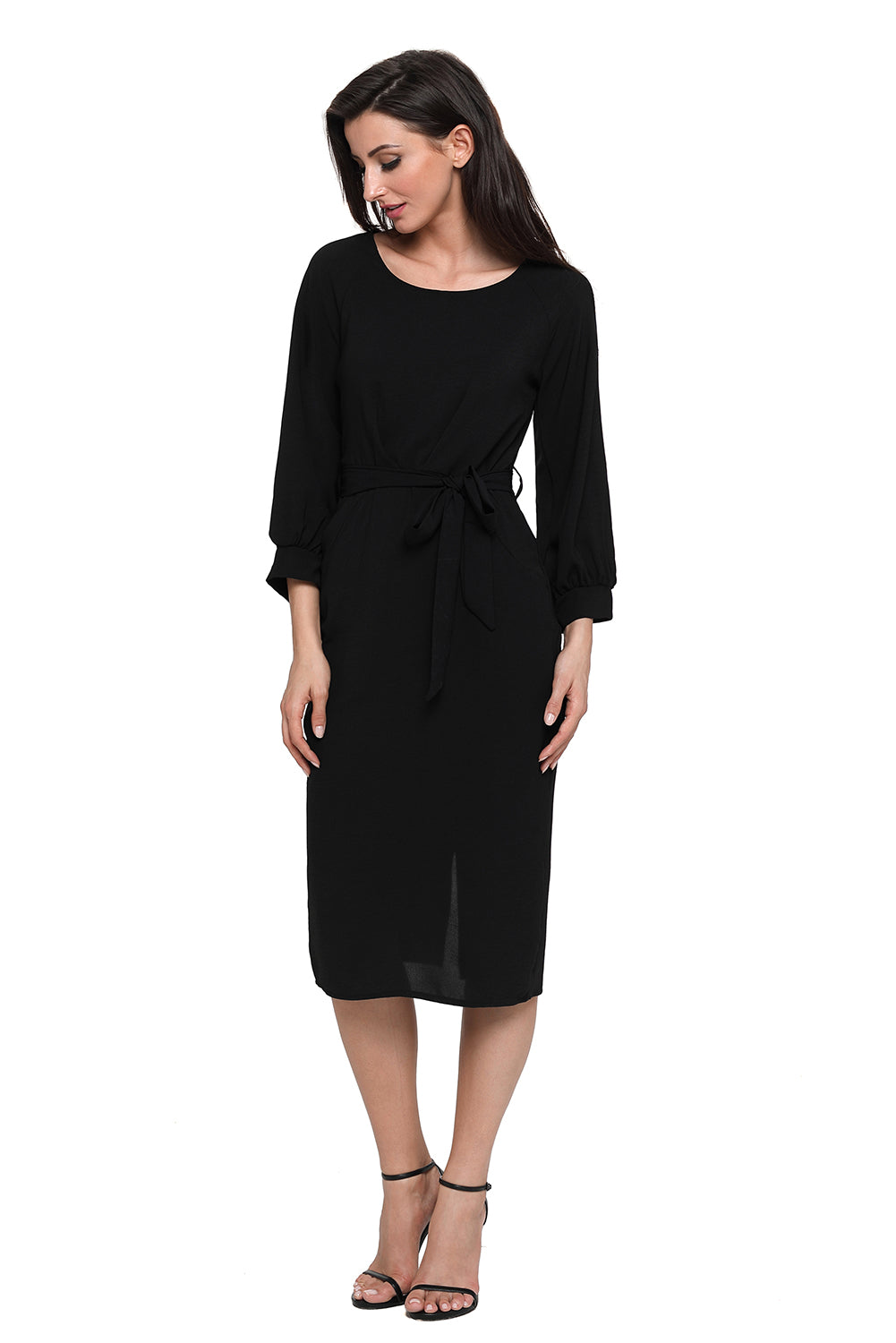 Black Puff Sleeve Belt Chiffon Pencil Dress