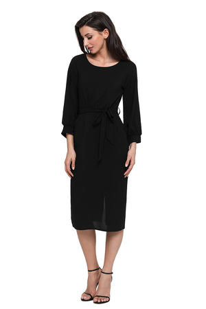 Black Puff Sleeve Belt Chiffon Pencil Dress