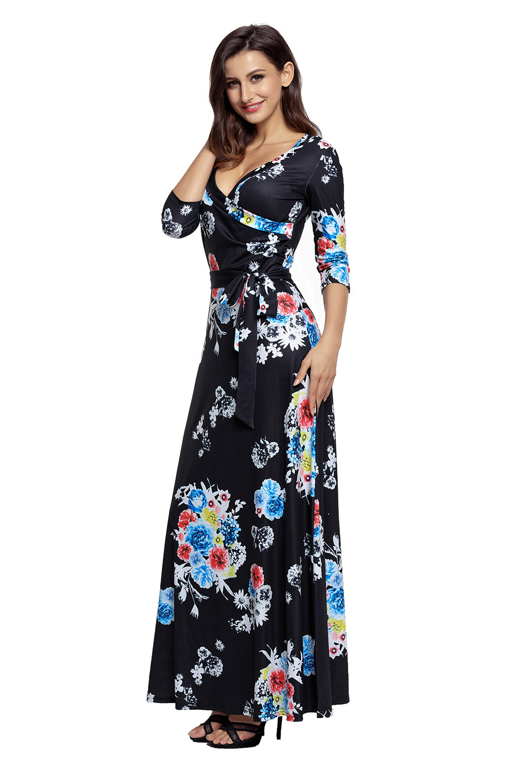 Black Floral Print Wrapped Long Boho Dress