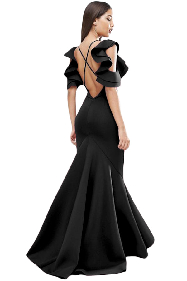 Black Celeb Style Ruffle Extreme Fishtail Maxi Dress