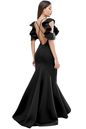 Black Celeb Style Ruffle Extreme Fishtail Maxi Dress