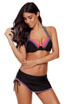 Bicolor Striped Trim Black Push Up Bikini Swimsuit