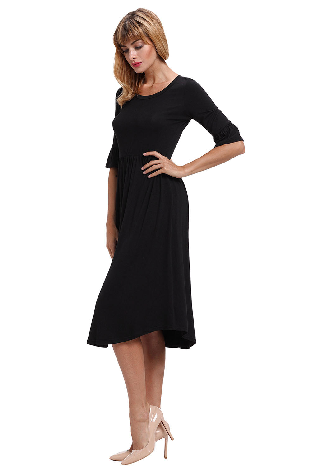 Black Ruffle Sleeve Midi Jersey Dress