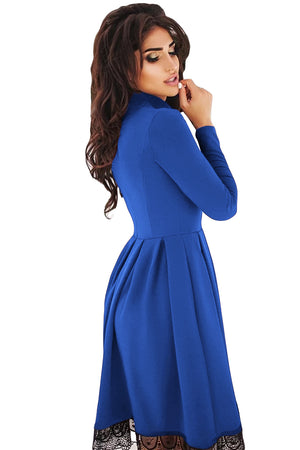 Lace Hemline Detail Royal Blue Long Sleeve Skater Dress
