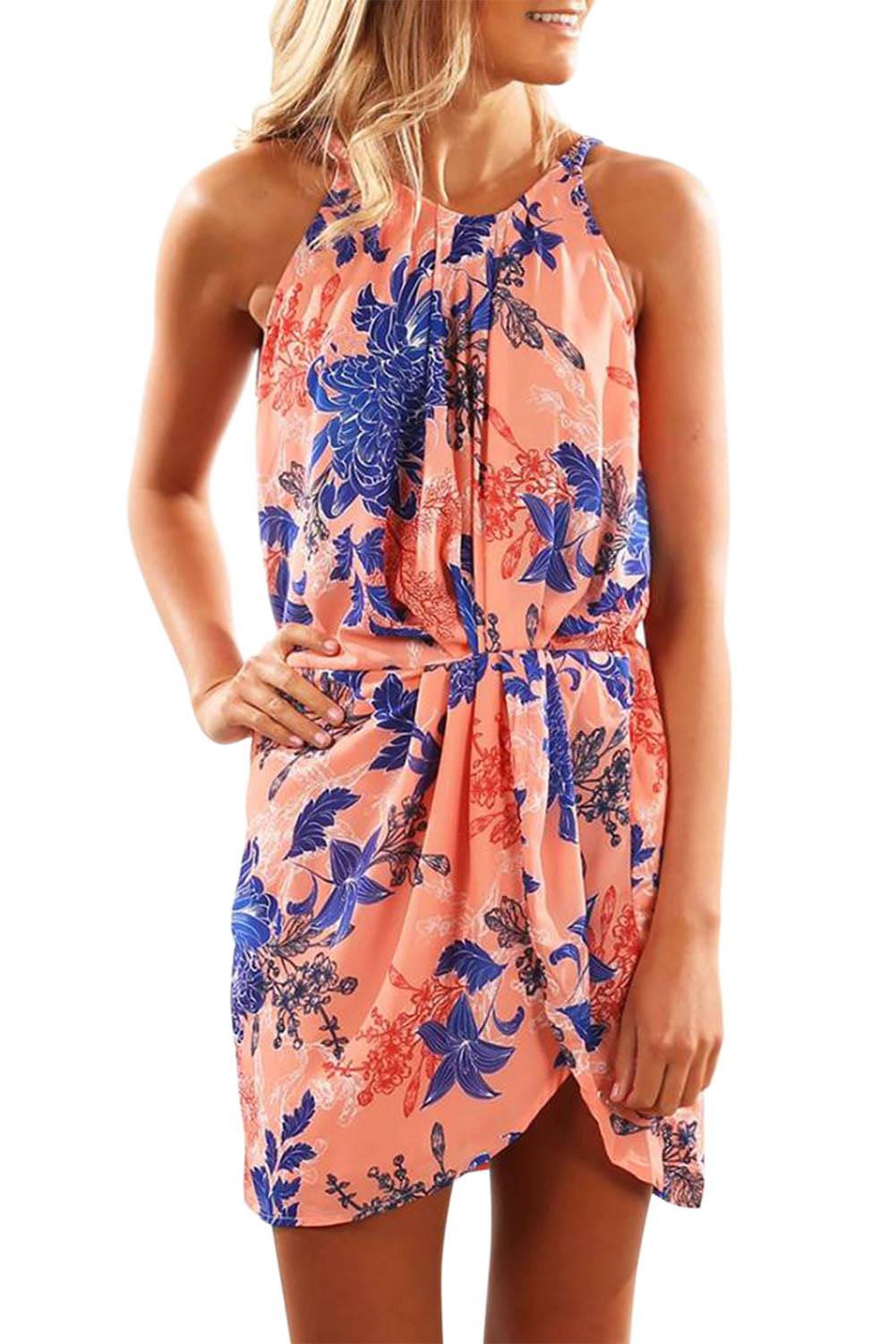 Orange Halter Neck Floral Print Sleeveless Casual Mini Dress