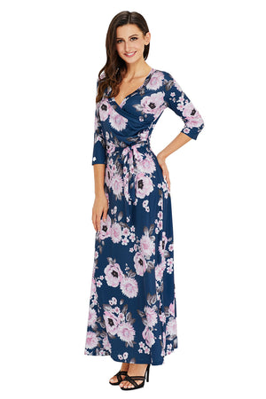 Navy Blue Blooming Flower Print Wrap V Neck Boho Dress