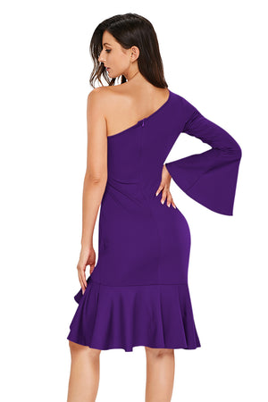 Purple Twist and Ruffle Accent One Shoulder Prom Dress