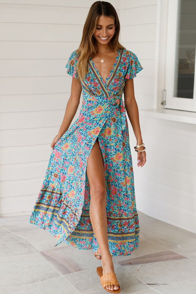 Sky Blue V-Neck Beach Resort Printed Dress