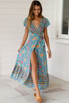 Sky Blue V-Neck Beach Resort Printed Dress