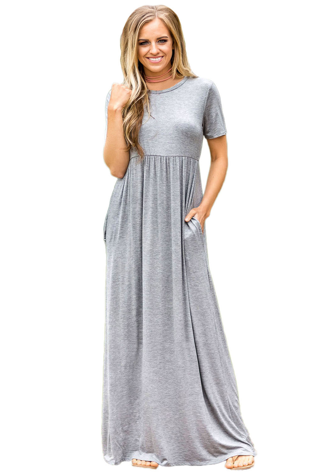 Gray Short Sleeve Ruched Waist Maxi Dress