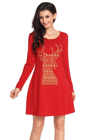 Geometric Snowflake Reindeer Red Christmas T-shirt Dress