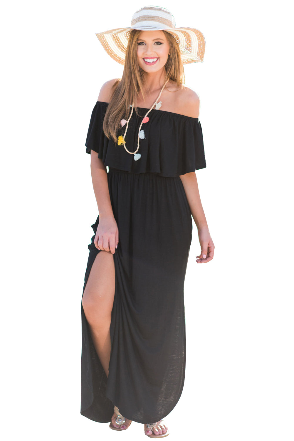 Black Flounce Off Shoulder Maxi Jersey Dress
