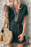Green Summer Boho Embroidered V Neck Short Sleeve Casual Mini Dress