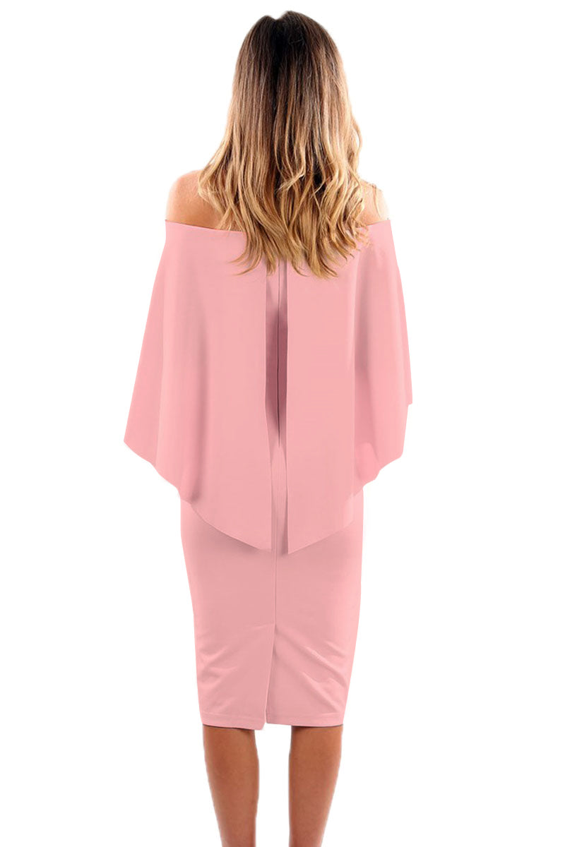 Pink Luxurious Off Shoulder Batwing Cape Midi Poncho Dress