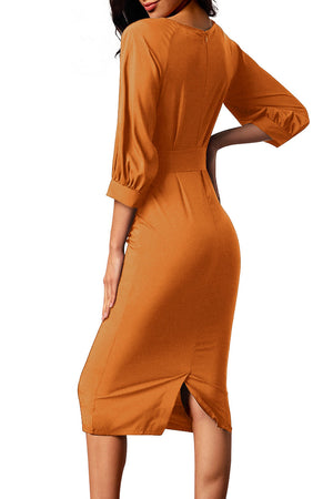 Mustard Puff Sleeve Belt Chiffon Pencil Dress