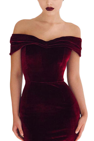 Wine Red Off Shoulder Ruched Velvet Party Dress