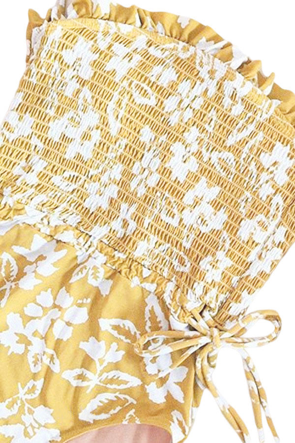Yellow Fashion Side Tie Flower Print One Piece Swimsuit