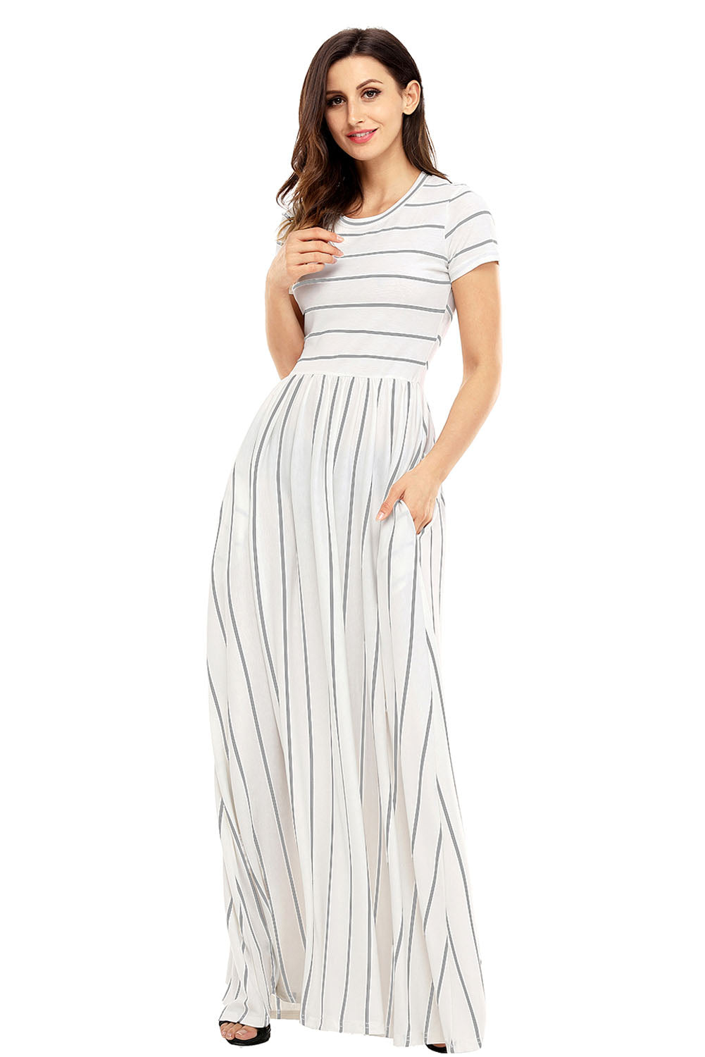 Grey Striped Ivory Short Sleeve Maxi Dress