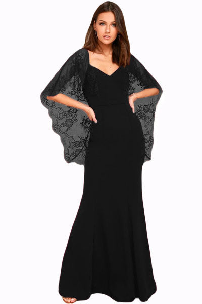 Black V Cut Open Back Lace Cape Sleeve Maxi Poncho Dress