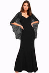 Black V Cut Open Back Lace Cape Sleeve Maxi Poncho Dress