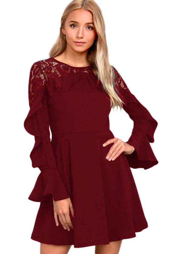 Wine Red Lace Long Sleeve Skater Dress