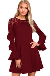 Wine Red Lace Long Sleeve Skater Dress