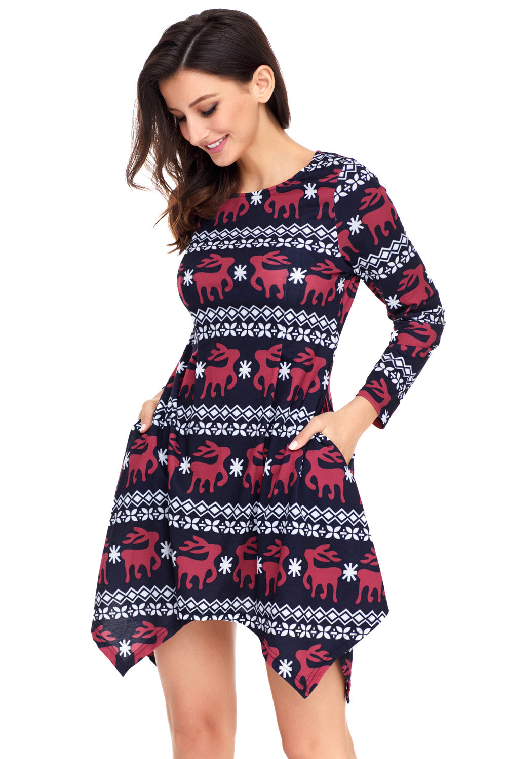 Cute Christmas Reindeer Print Navy Swingy Mini Dress