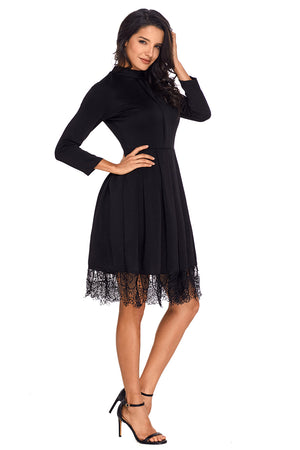 Lace Hemline Detail Black Long Sleeve Skater Dress