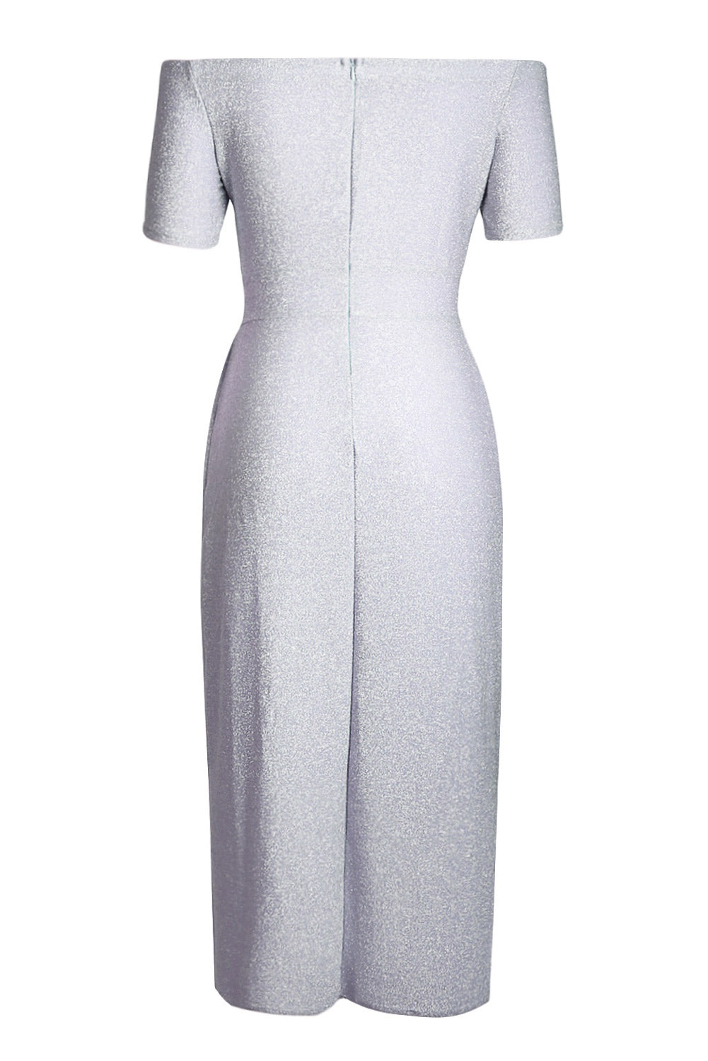 Gray Off Shoulder Short Sleeve Metallic Slit Party Dress