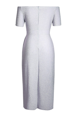 Gray Off Shoulder Short Sleeve Metallic Slit Party Dress