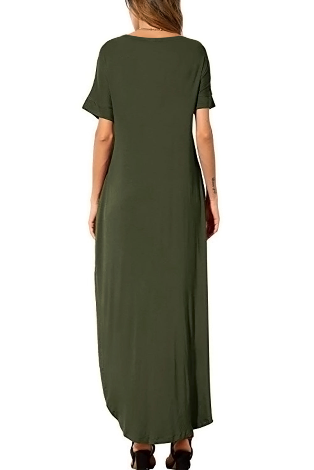 Green Casual Loose Pocket Short Sleeve Split Maxi Dress