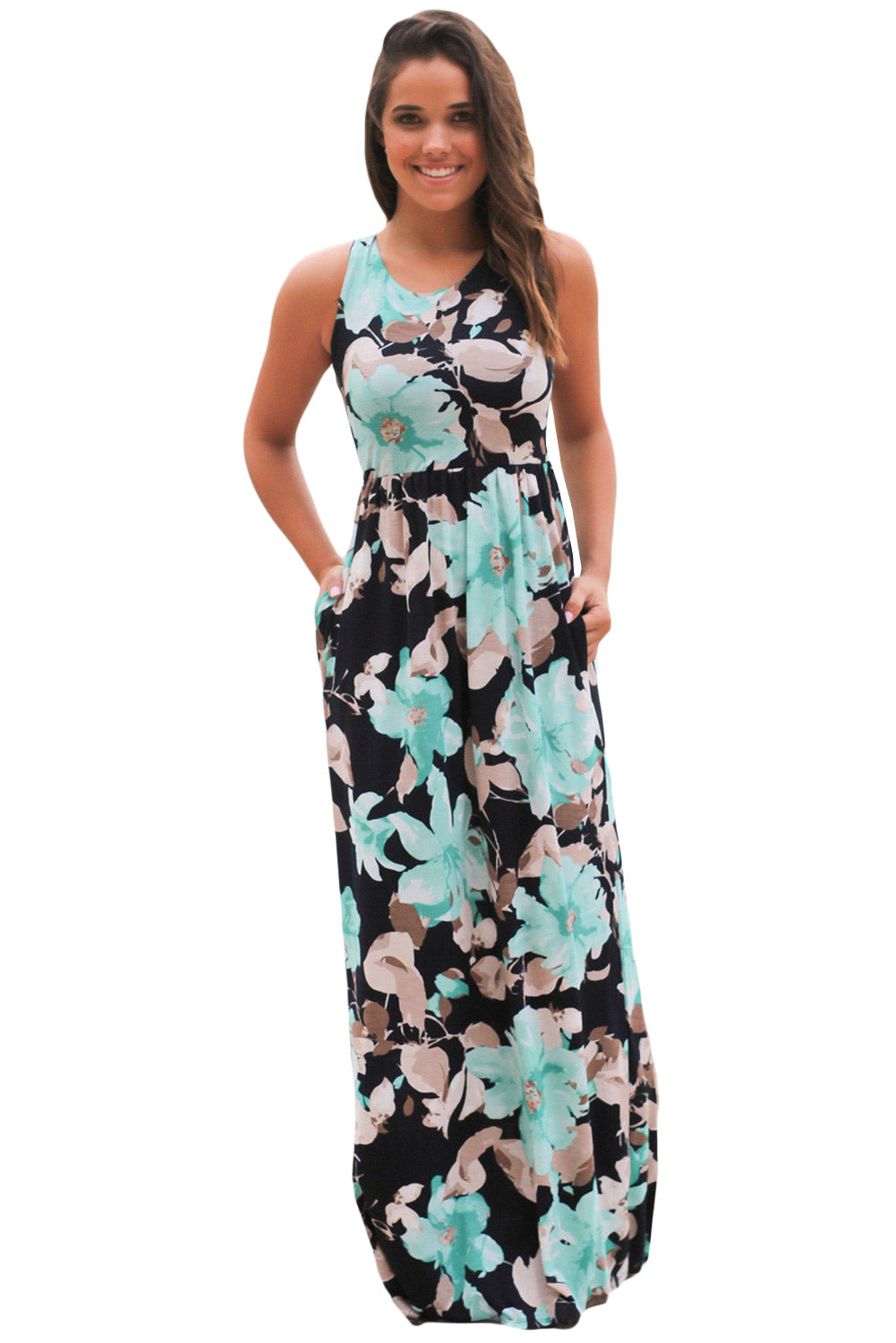 Black Blue Floral Print Sleeveless Long Boho Dress