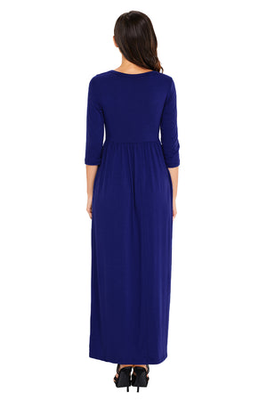Royal Blue Pocket Design 3/4 Sleeves Maxi Dress