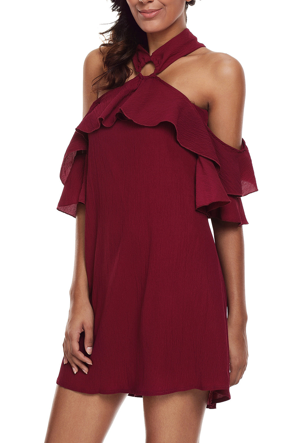 Burgundy Adorable Sexy O Ring Detail Ruffle Dress