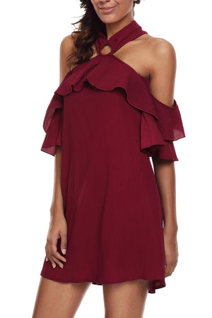 Burgundy Adorable Sexy O Ring Detail Ruffle Dress