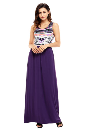 Stylish Aztec Print Sleeveless Purple Maxi Dress