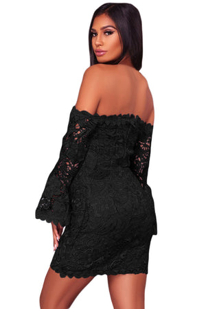 Black Crochet Overlay Off The Shoulder Fitted Mini Dress