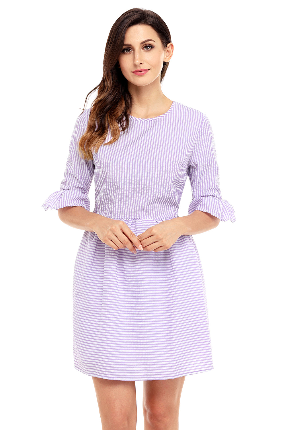 Purple White Stripe Flounce Sleeve Seersucker Dress