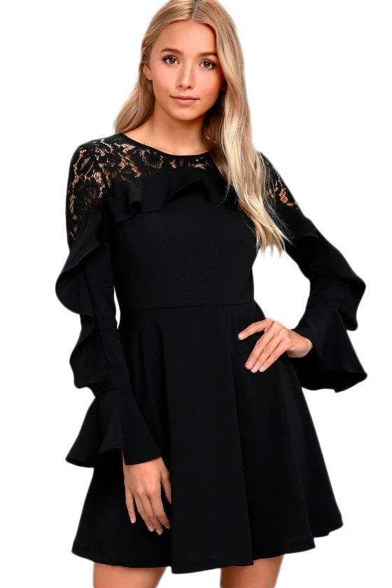 Black Lace Long Sleeve Skater Dress