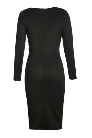 Asymmetric Button Detail Black Ruched Midi Dress