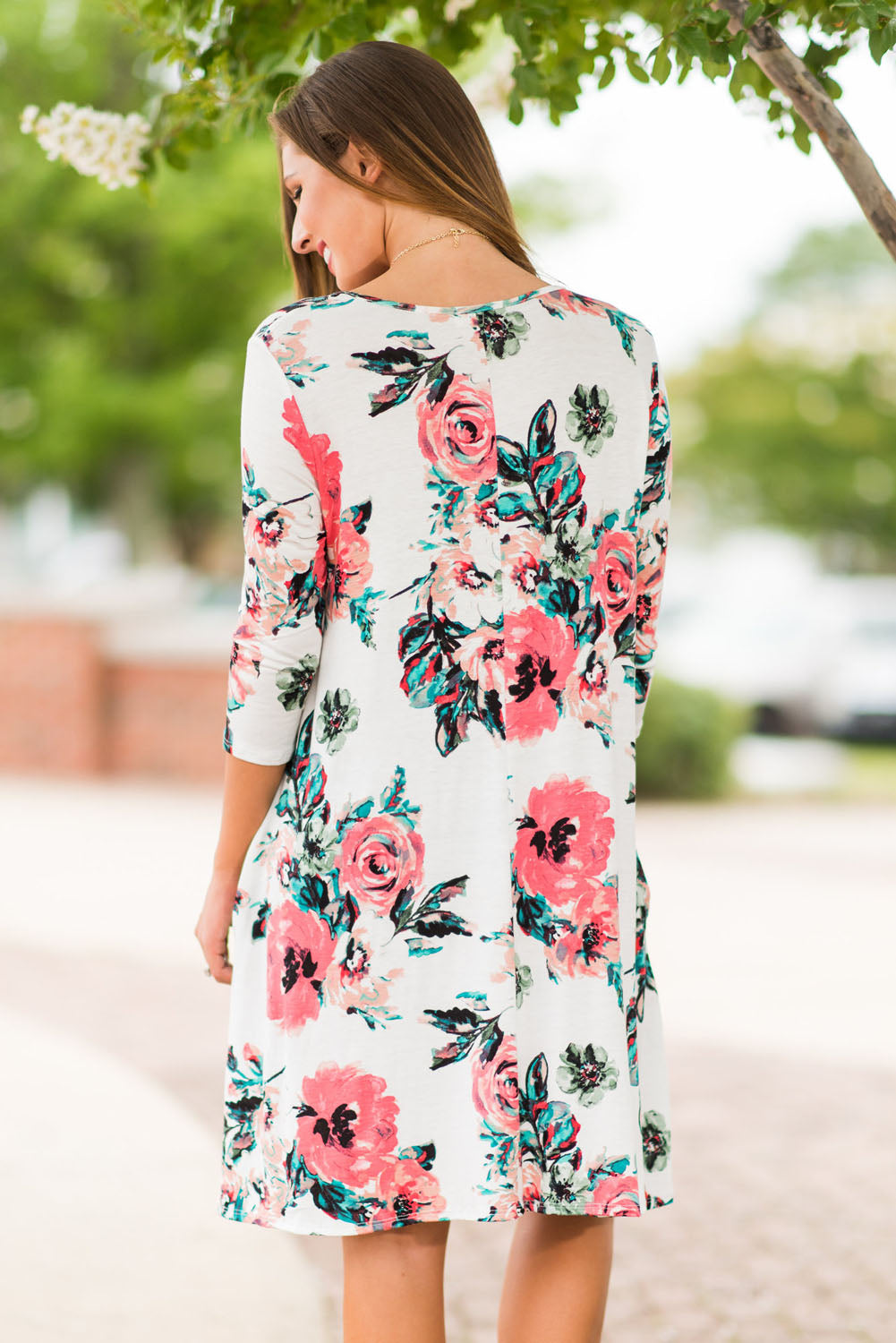 White Floral Long Sleeve A-Line Tunic Dress