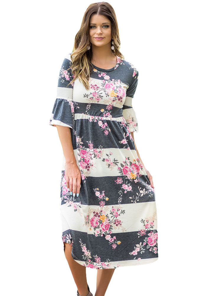 Charcoal White Colorblock 3/4 Bell Sleeve Floral Midi Dress